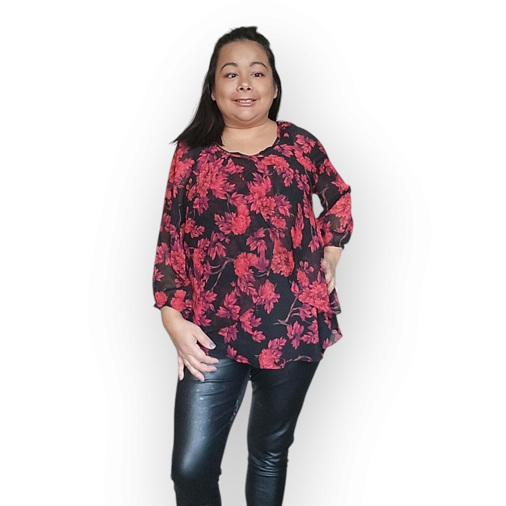 Elegant Floral Women's Blouse in Black and Red